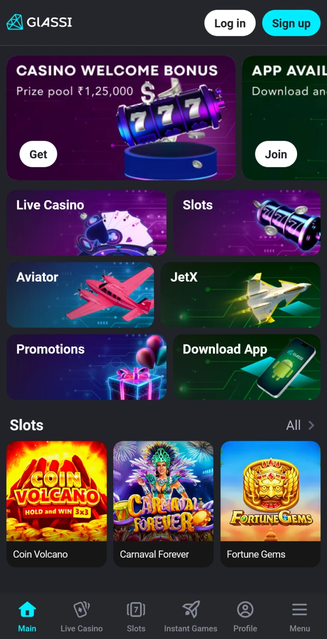 Navigating the Glassi casino app main page is straightforward and convenient.