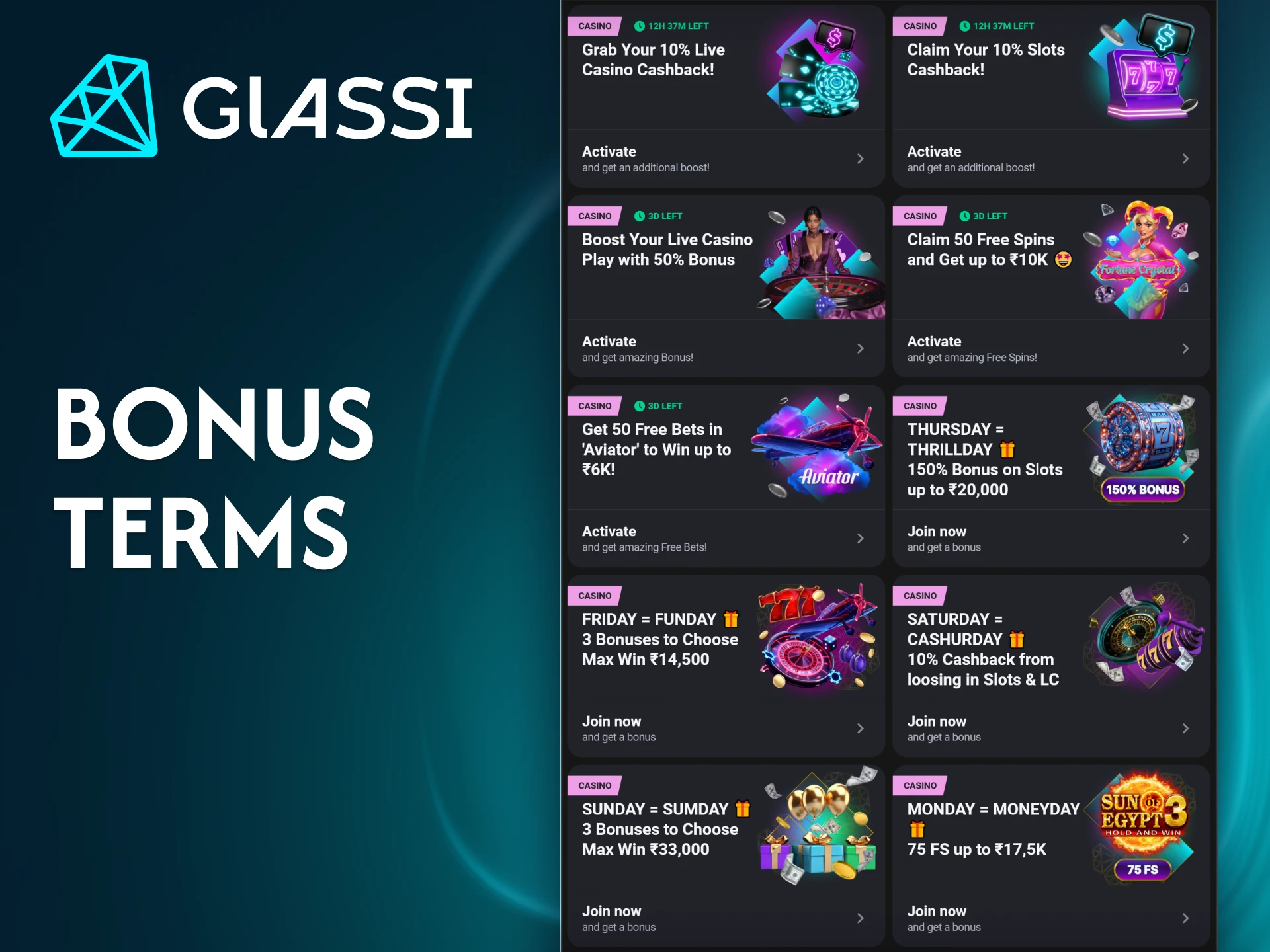 Learn the necessary rules for successfully applying bonuses at Glassi casino.