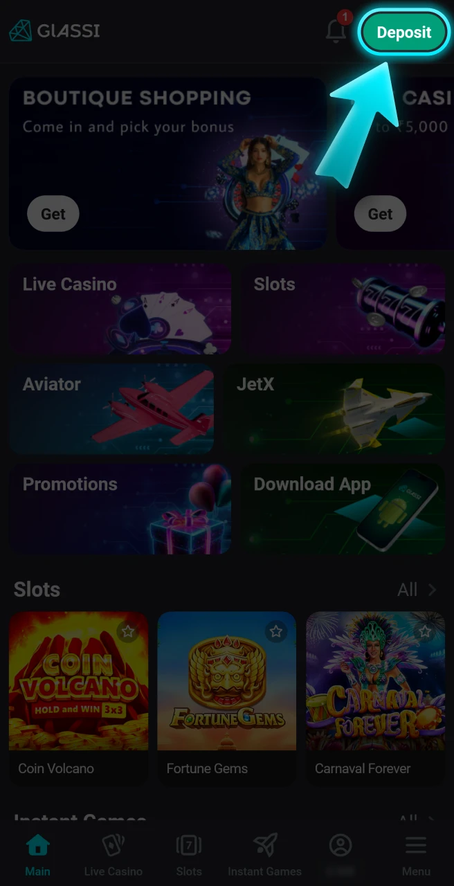 Find the deposit section at the Glassi casino website.