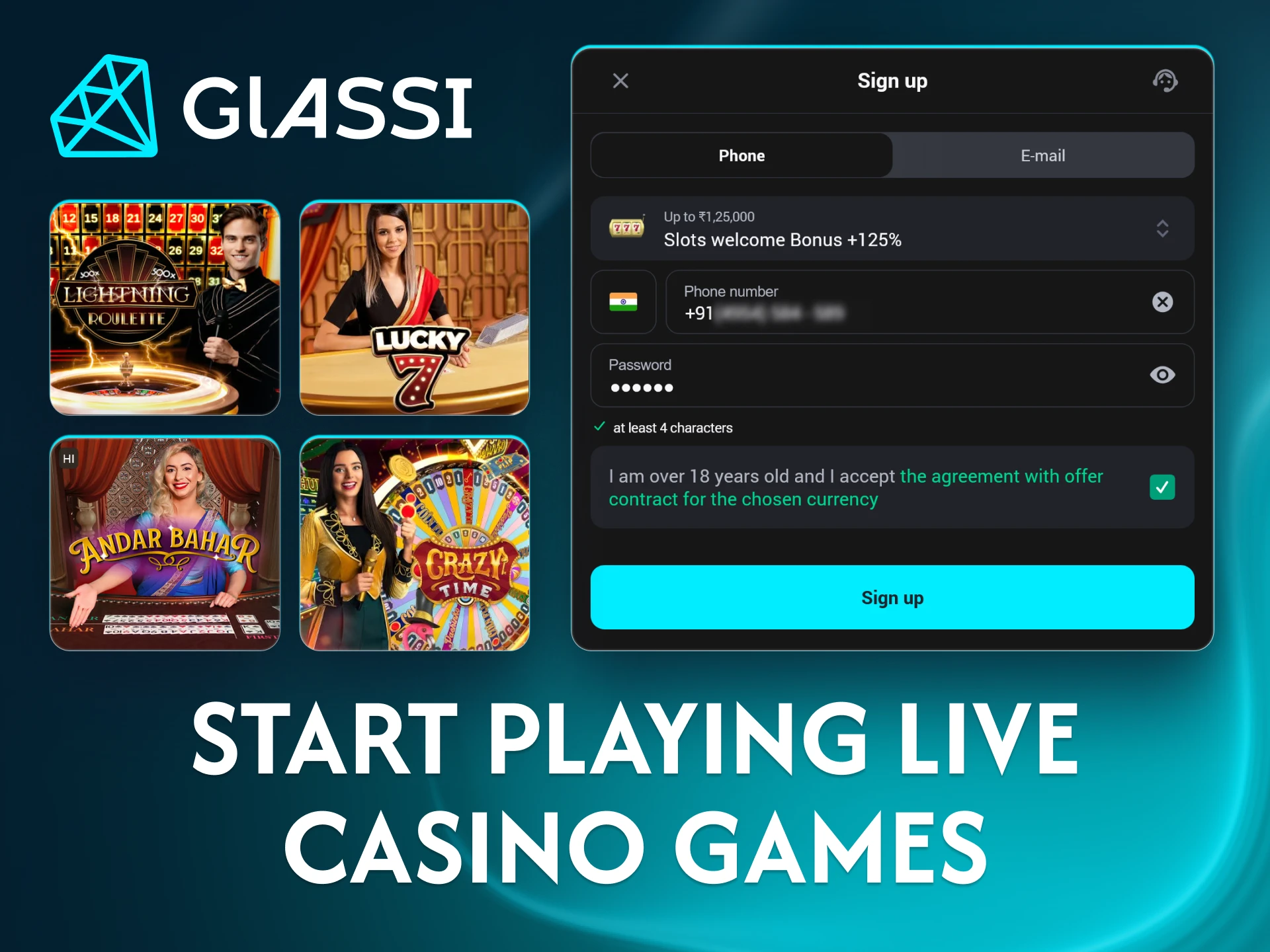 Register at Glassi and start playing live casino games.