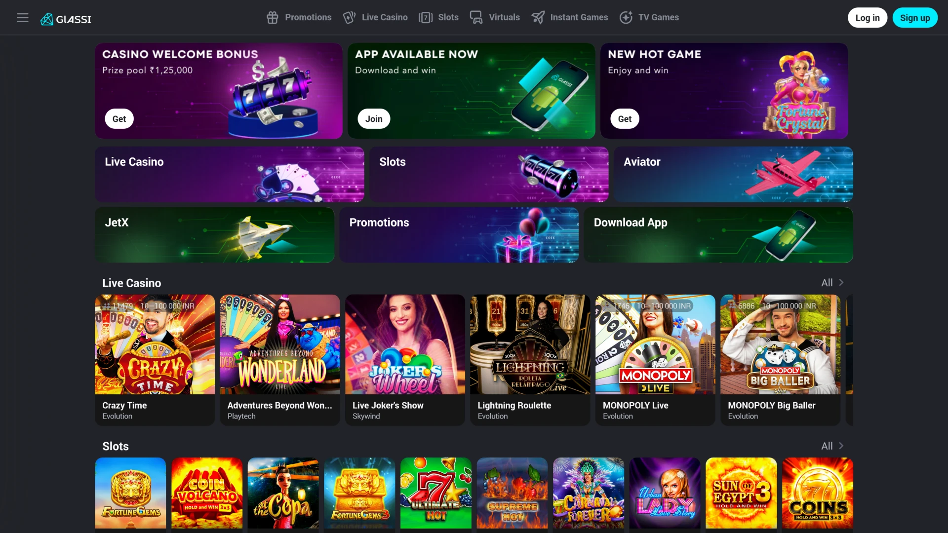 The homepage of Glassi Casino is both stylish and functional.