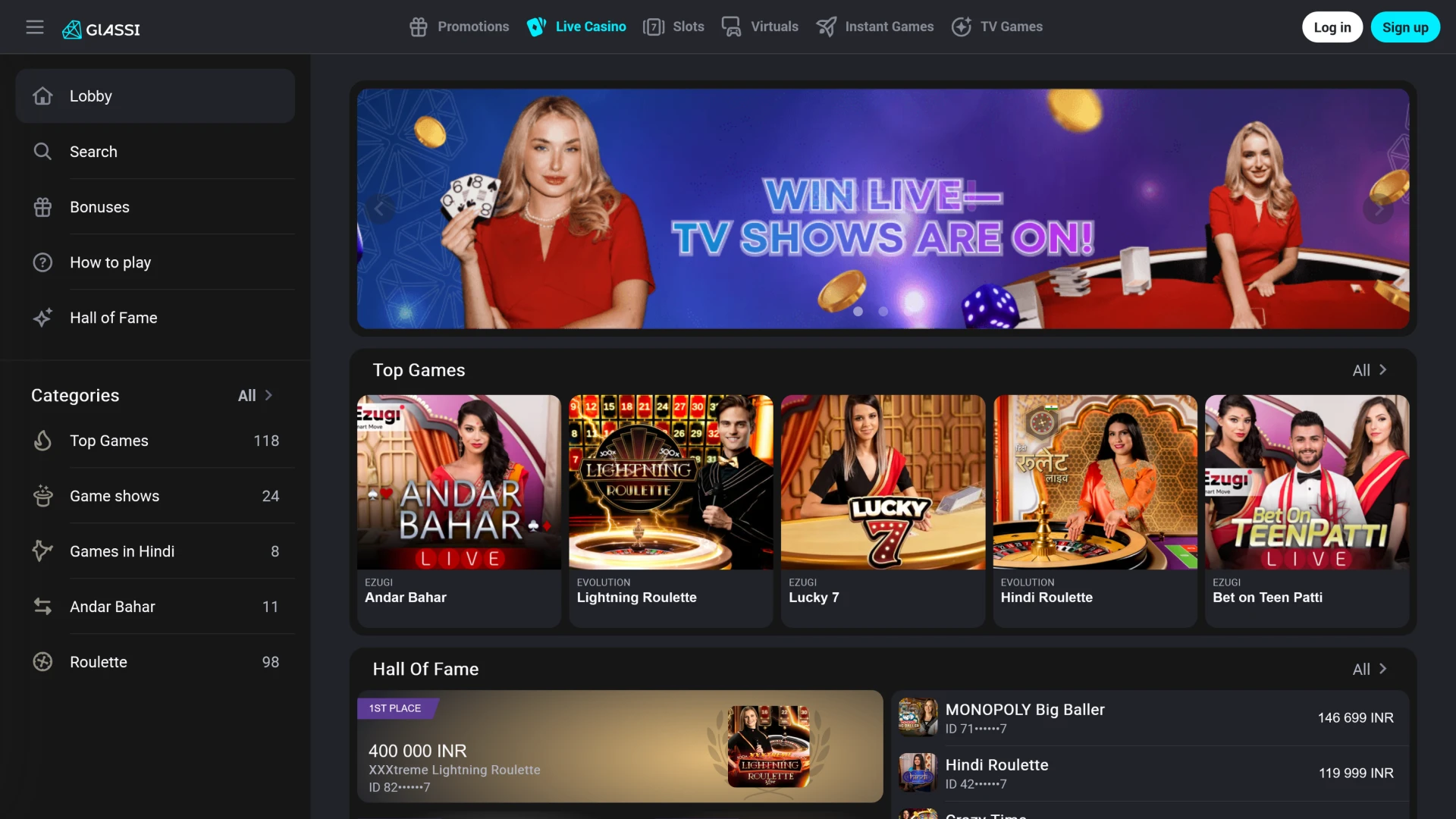 The live section at Glassi casino allows players to interact with real dealers.