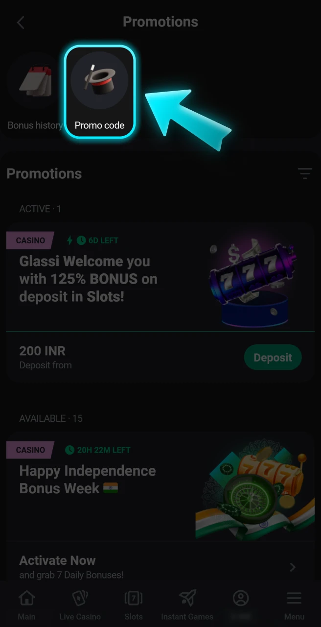 Find the promo section at the Glassi casino website.