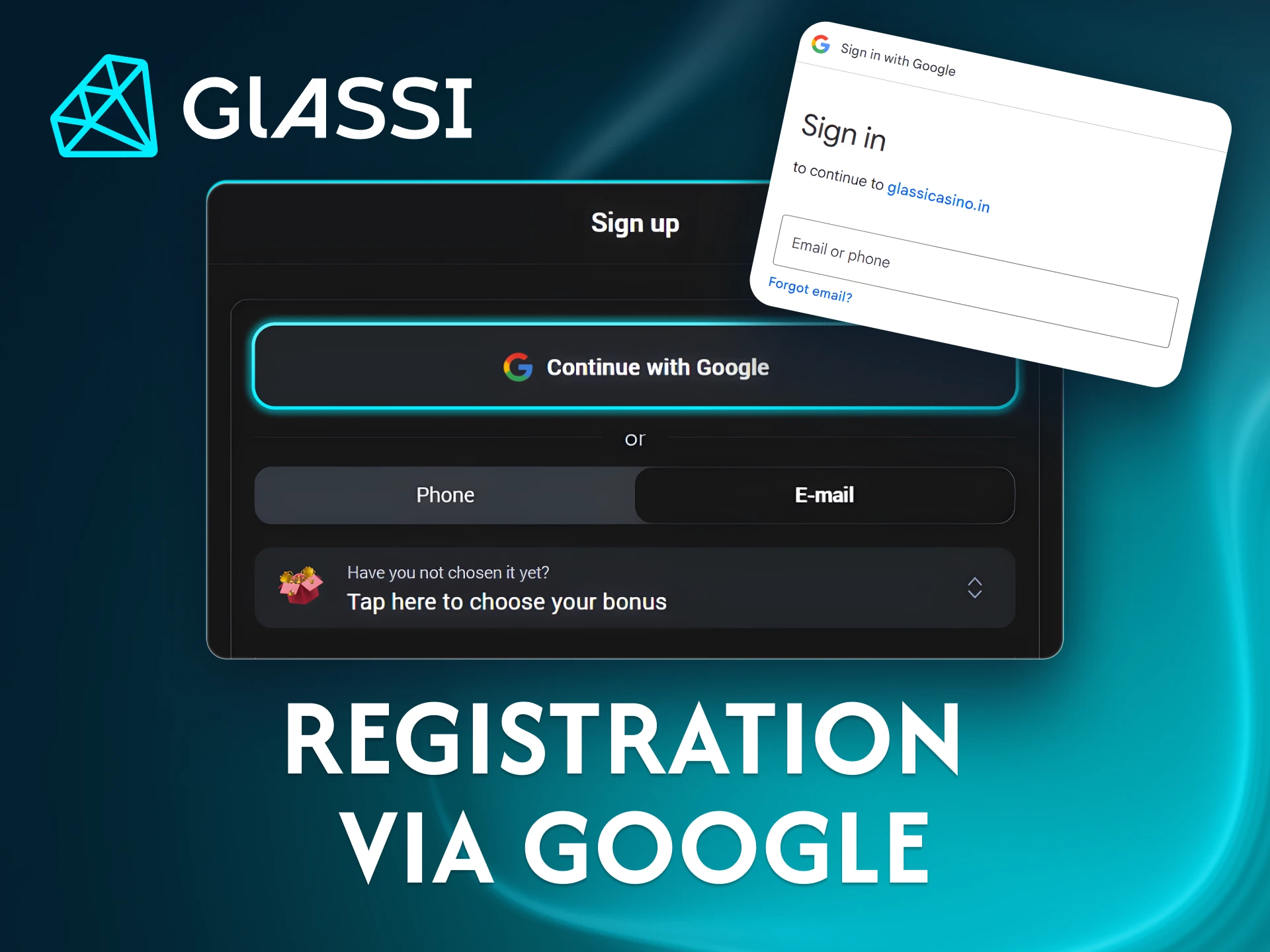 Use your Google account to register at Glassi casino.