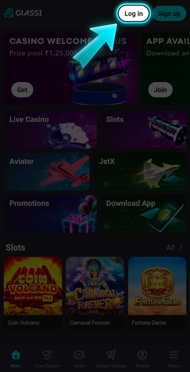 Go to the login section of Glassi casino.