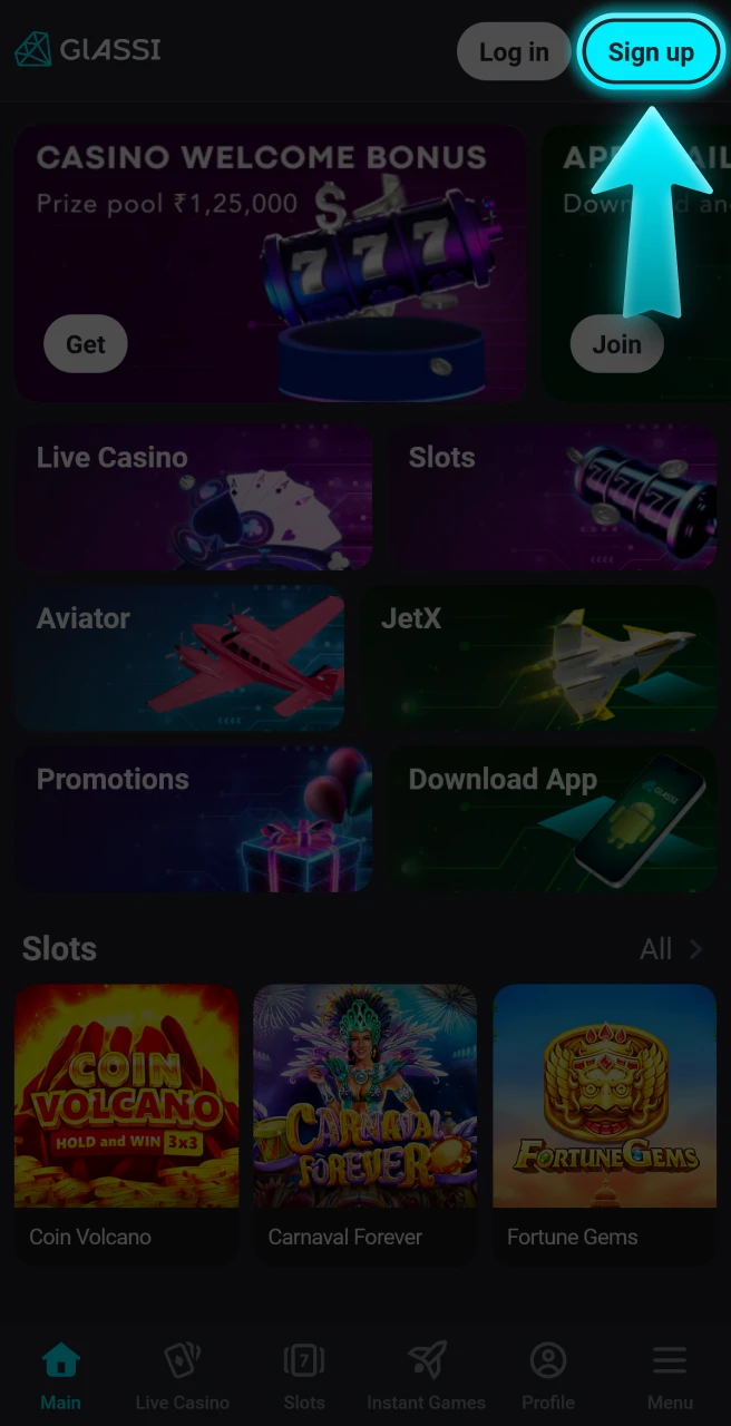 Find the Sign Up button on the Glassi casino site.
