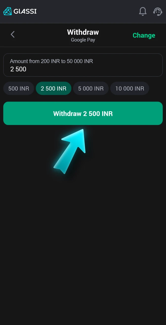 Confirm and complete your withdrawal from Glassi casino.