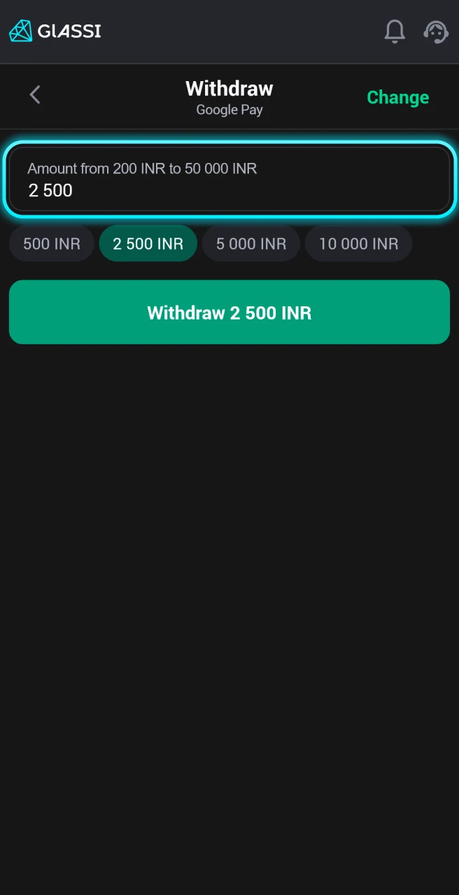 Enter the amount you wish to withdraw at Glassi casino.